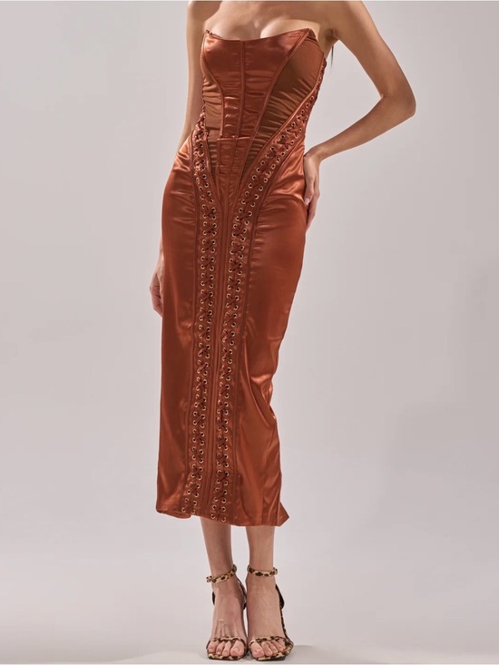 AKIRA Dresses & Skirts - AKIRA Strapless Corset Satin Midi Dress in Chocolate Brown
